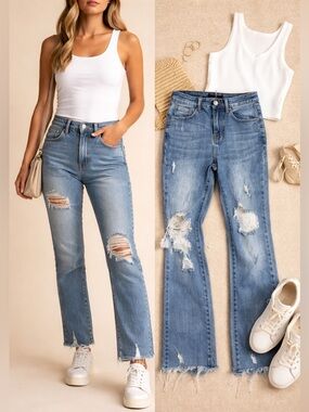 Risen High Rise Distressed Straight Jeans Raw Hem Ankle Vintage Wash 3/26